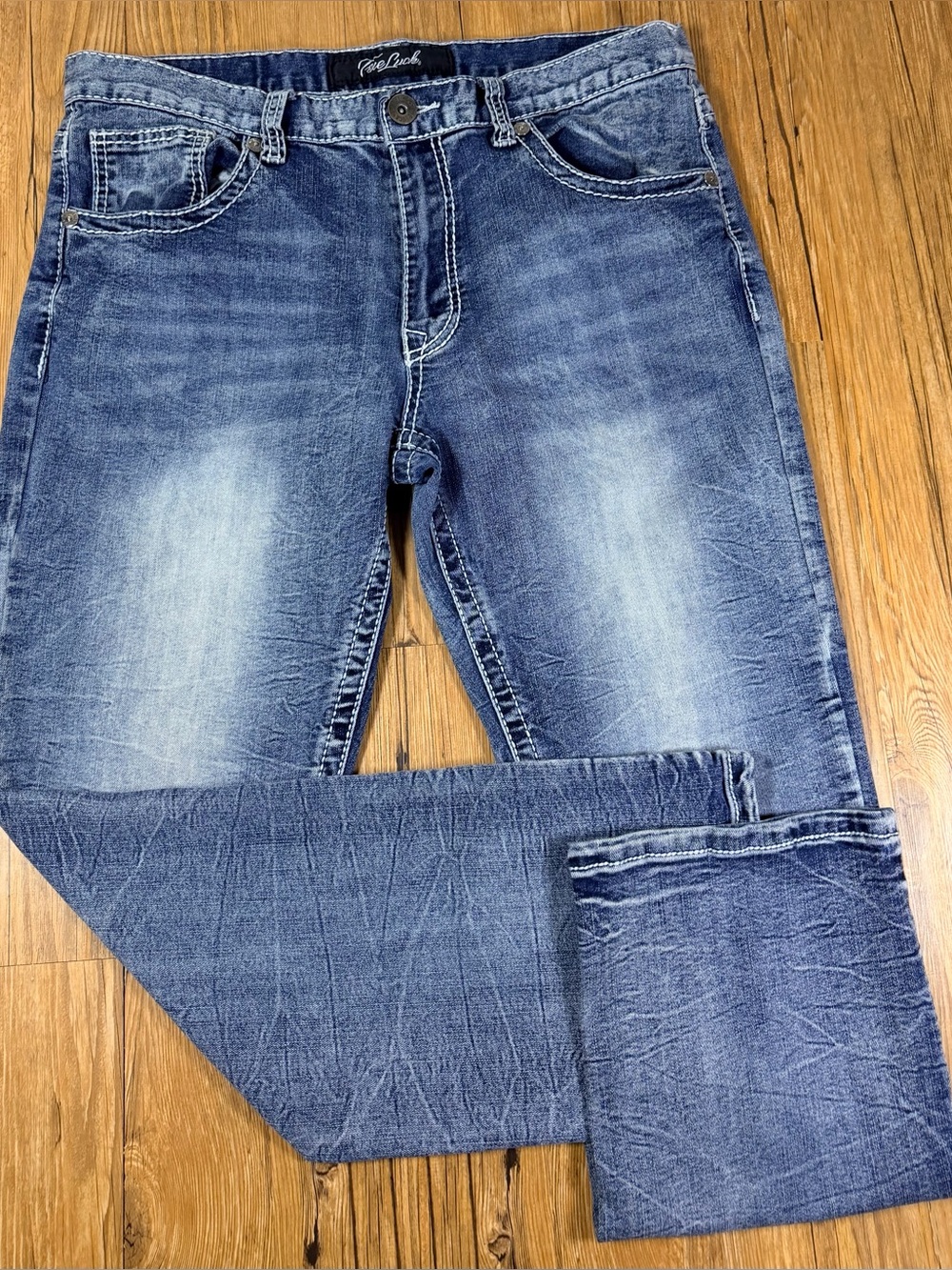 True Luck Jeans Mens 34x30 Blue Faded Wash Straight Leg Stretch Denim Y2K